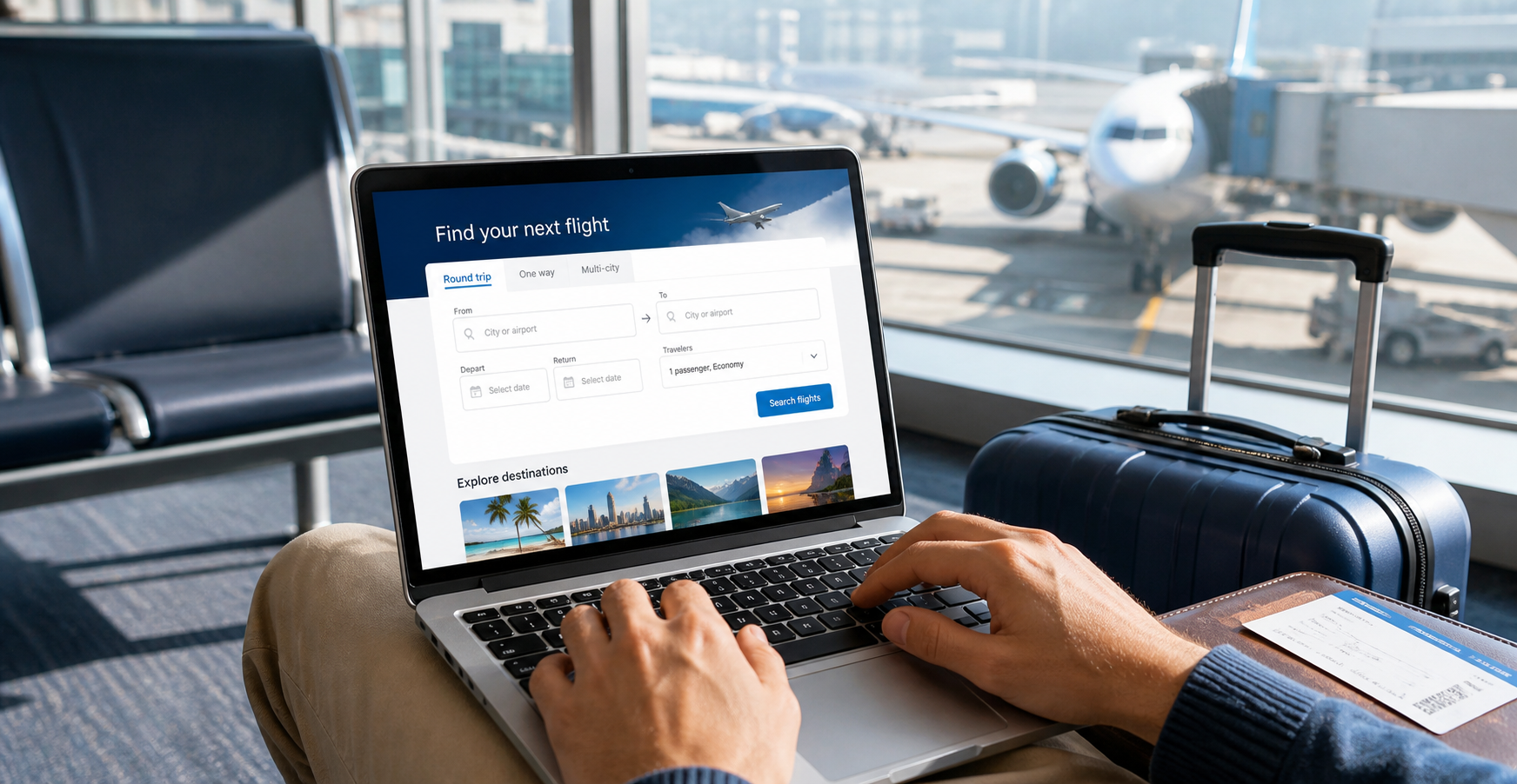 Traveler booking a flight on a laptop at an airport